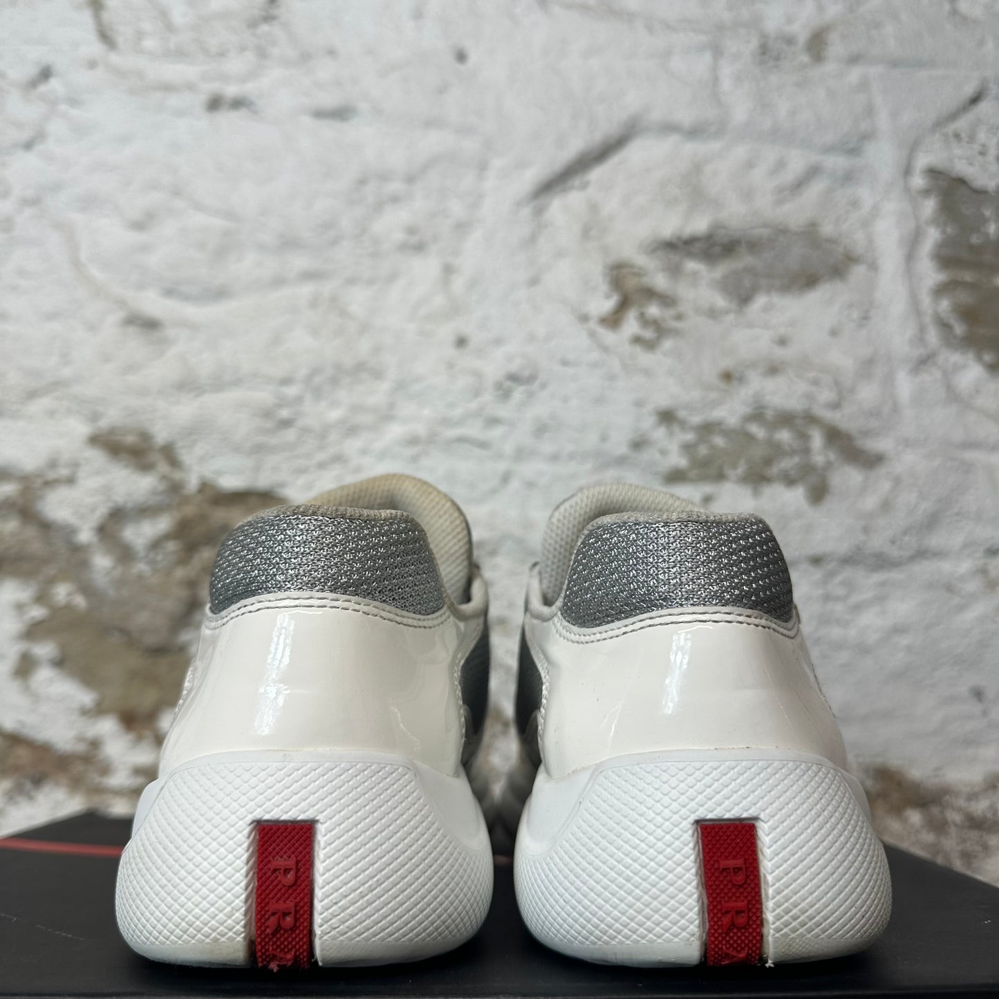 Prada Americas Cup White Patent Grey White Sneaker Sz 6 (38.5)