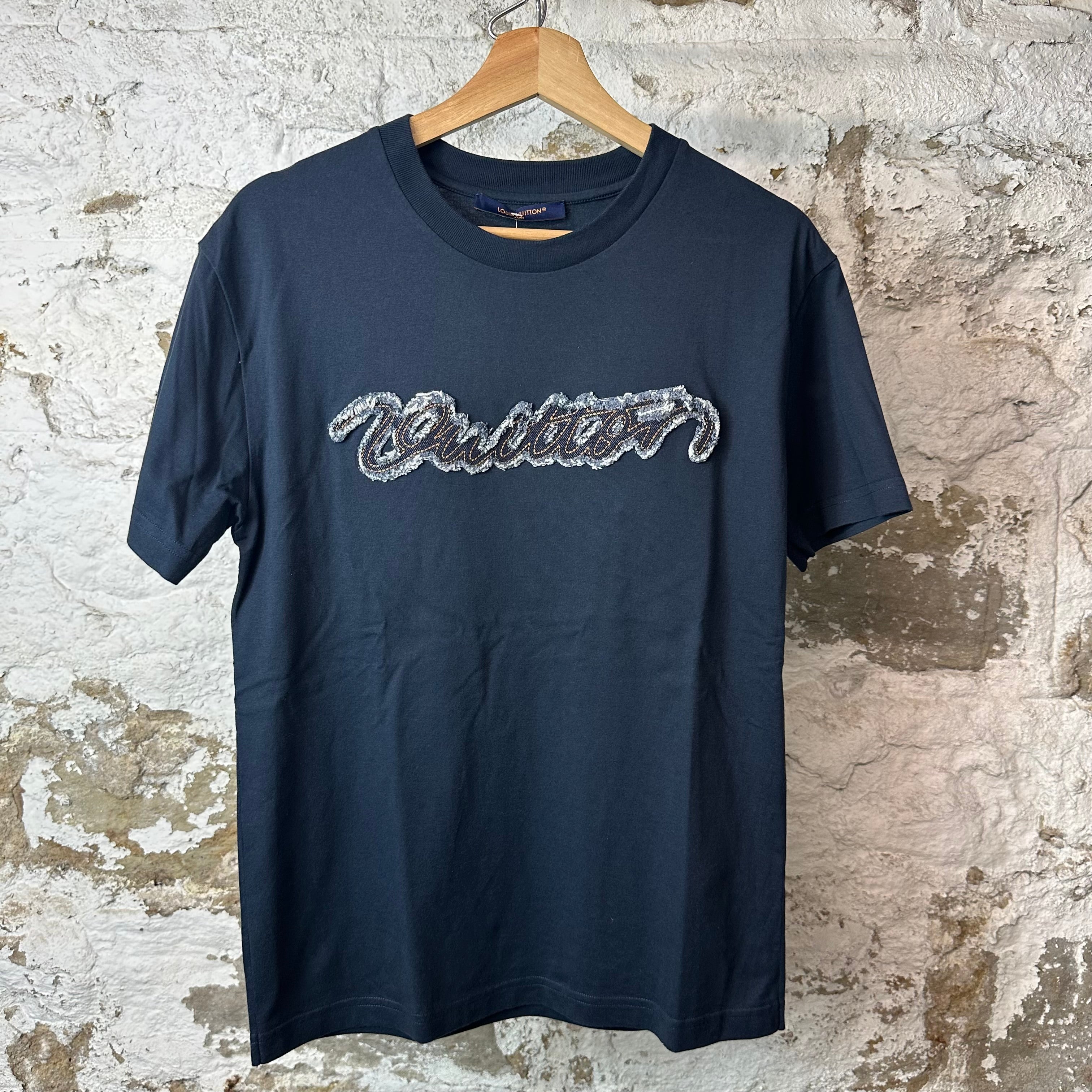 Louis Vuitton Distressed Denim Spell Navy T-Shirt Sz S