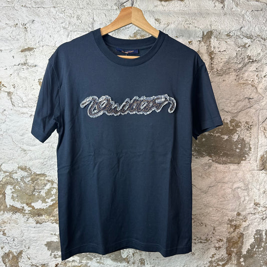 Louis Vuitton Distressed Denim Spell Navy T-Shirt Sz S