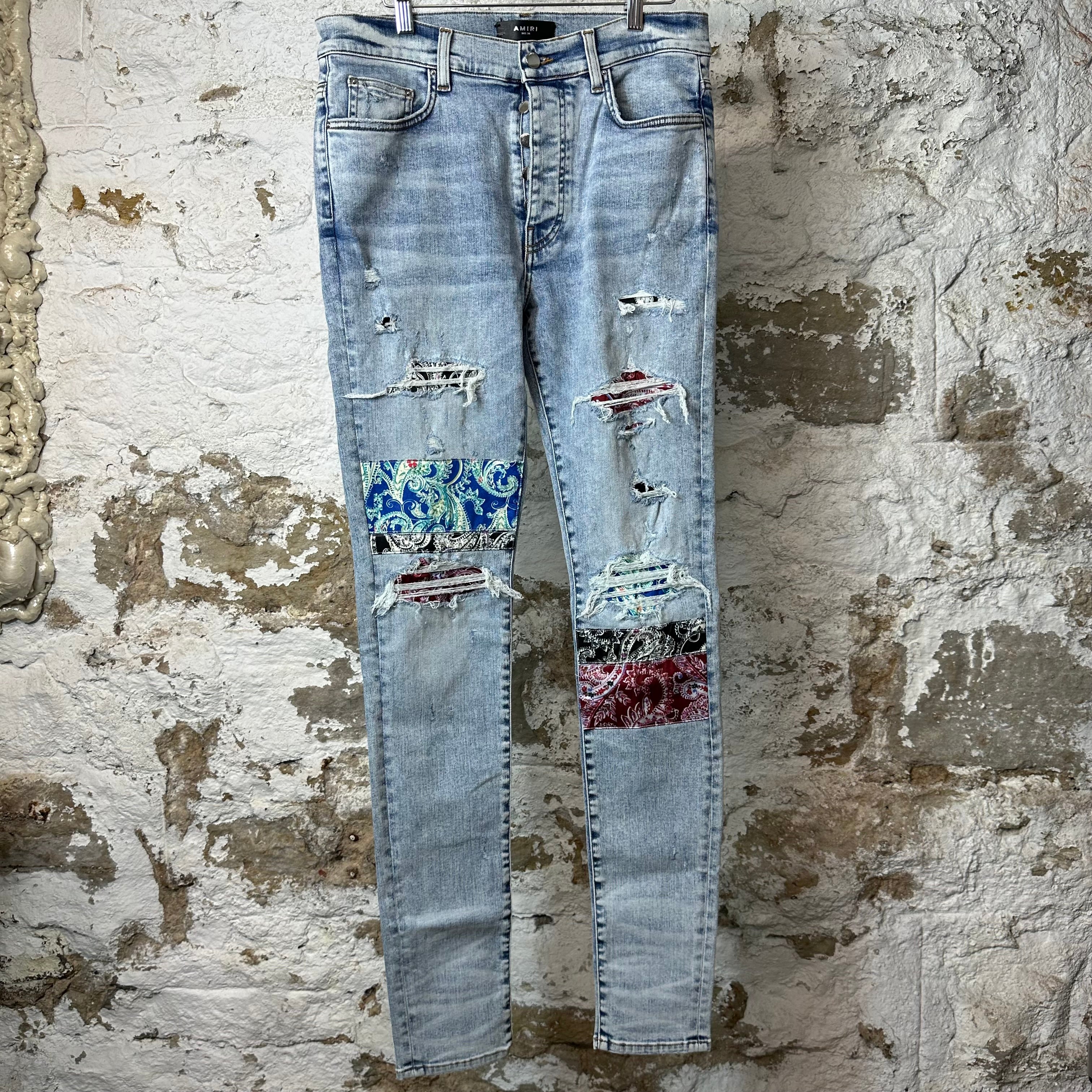 Amiri Multicolor Paisley Patches Washed Blue Denim Jeans Sz 34