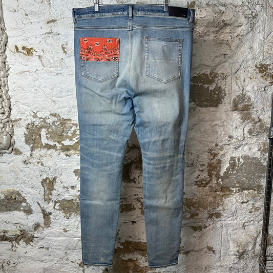 Amiri MX1 Orange Paisley Patches Blue Denim Jeans Sz 40