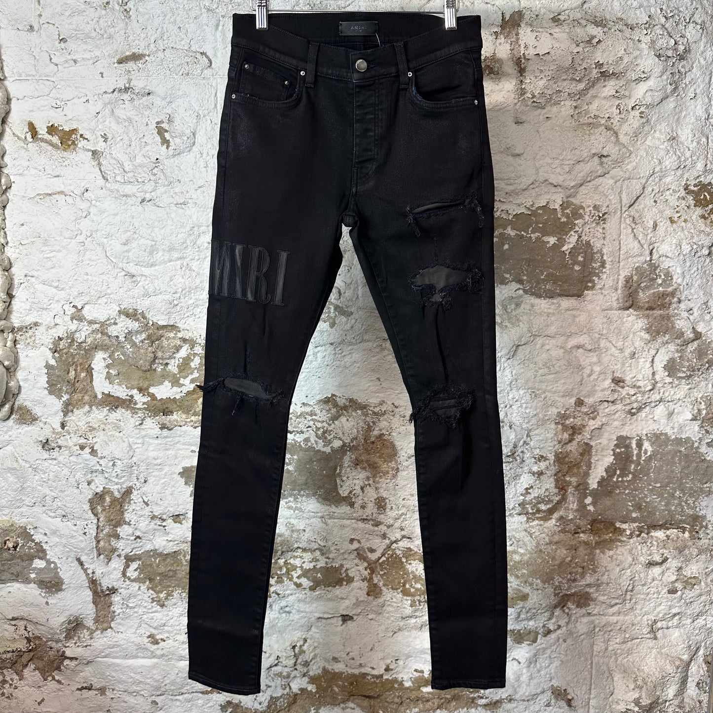Amiri Black Leather Core Logo Black Waxed Denim Jeans Sz 29
