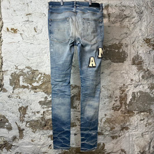 Amiri Felt Spellout Distressed Blue Denim Jeans Sz 32