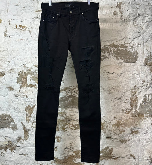 Amiri Black Suede Spell Black Denim Jeans Sz 33