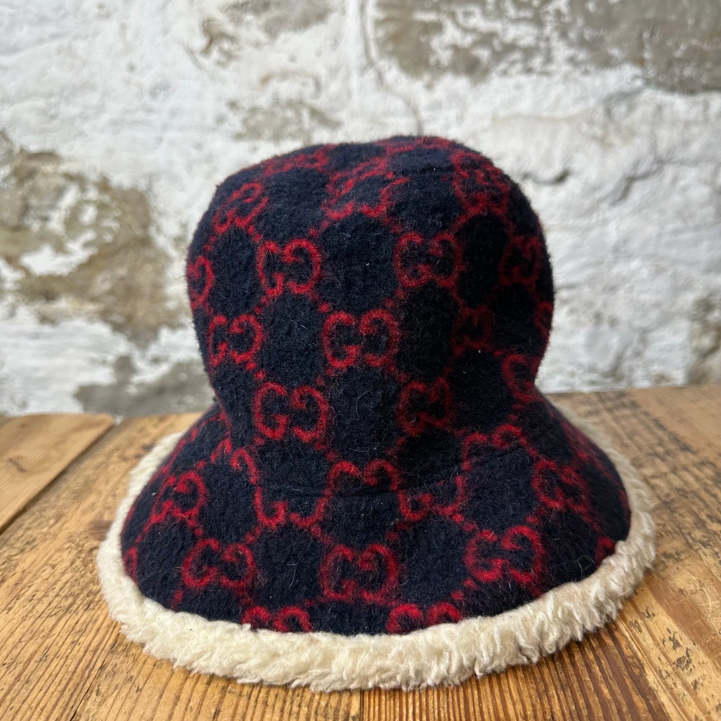 Gucci Red GG Navy Wool Bucket Hat Sz S