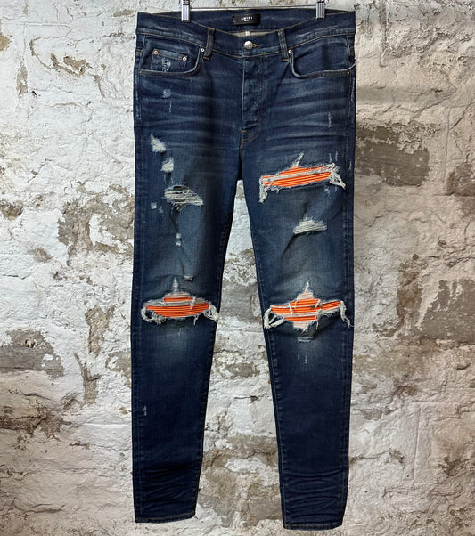 Amiri MX1 Orange Suede Dark Blue Denim Jeans Sz 36