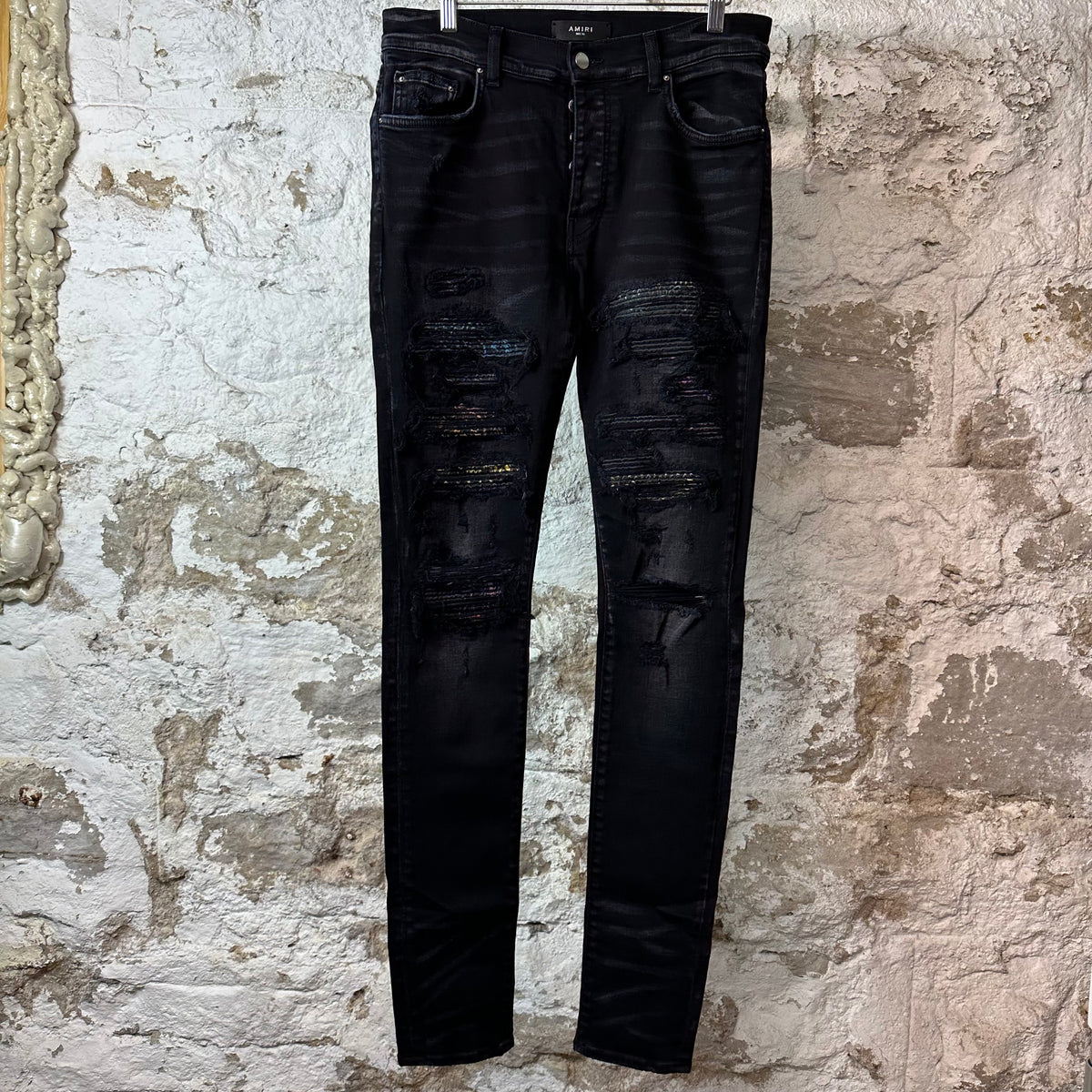 Amiri MX1 Multicolor Paisley Thrasher Black Denim Jeans Sz 32