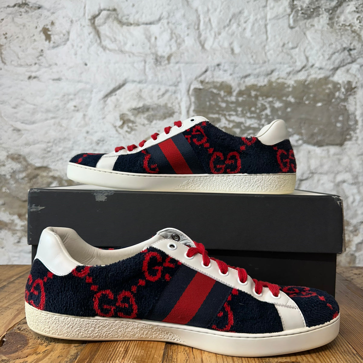 Gucci Red GG Monogram Navy Terry Ace Sneaker Sz 10
