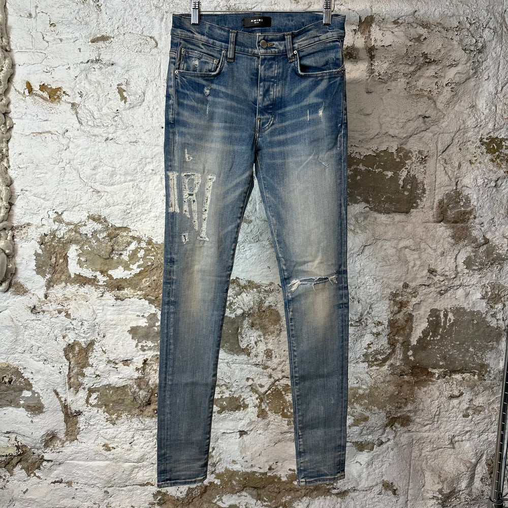 Amiri Distressed Side Spell Blue Denim Jeans Sz 28
