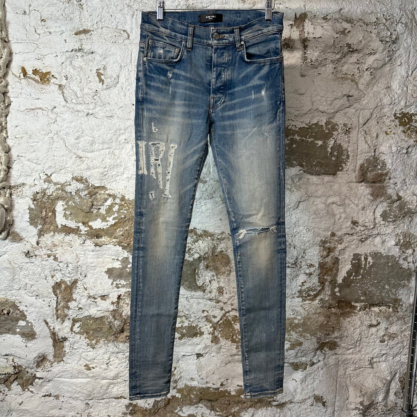 Amiri Distressed Side Spell Blue Denim Jeans Sz 28