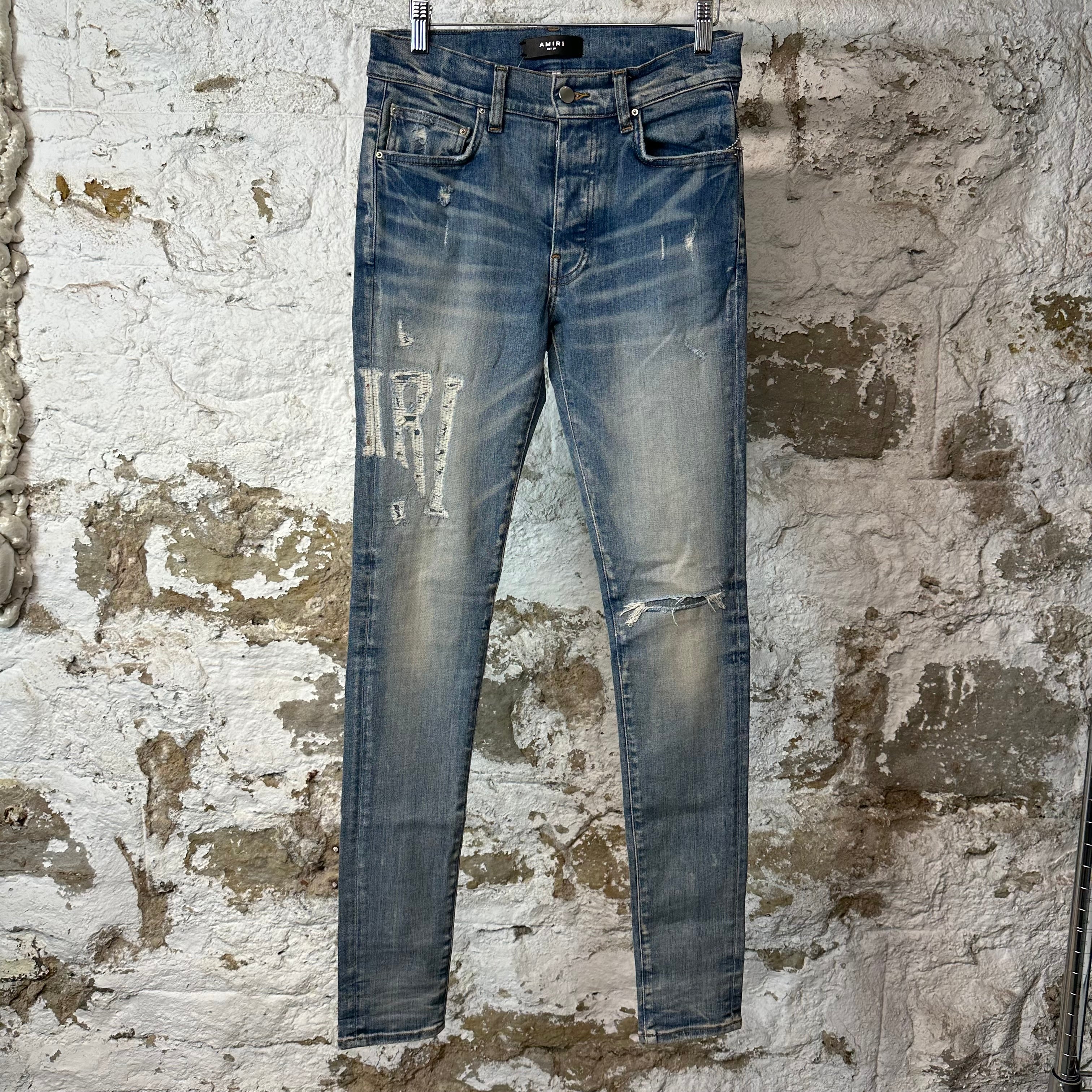 Amiri Distressed Side Spell Blue Denim Jeans Sz 28