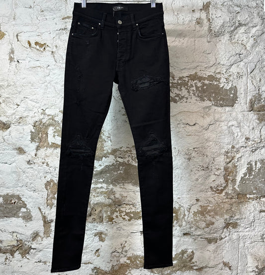 Amiri MX1 Black Leather Black Denim Jeans Sz 28
