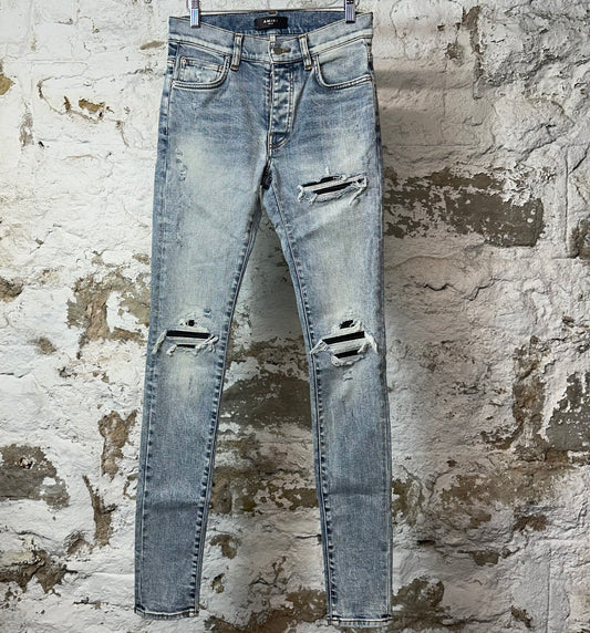 Amiri MX1 Black Leather Washed Blue Denim Jeans Sz 28