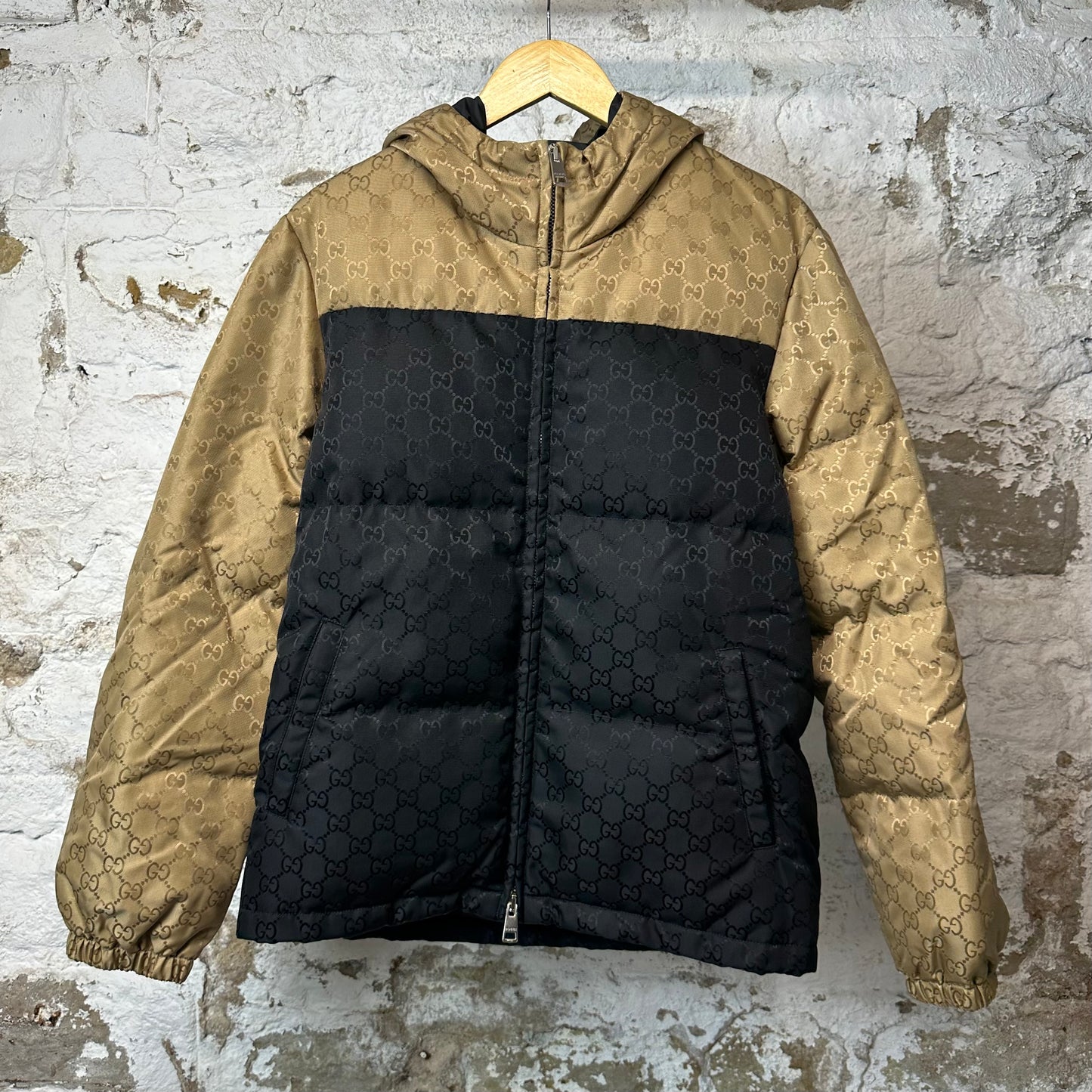 Gucci Black Tan GG Monogram Puffer Jacket Sz XS (44)