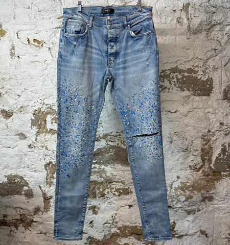 Amiri Paint Splatter Crystal Blue Denim Jeans Sz 33