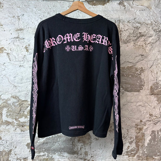 Chrome Hearts Matty Boy Pink Script Waffle Black Thermal Long Sleeve Sz L