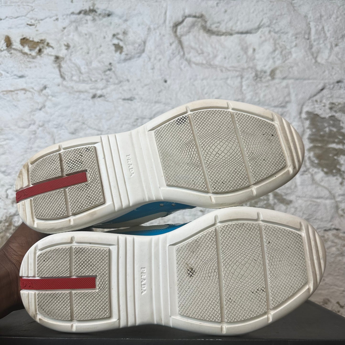 Prada Americas Cup Teal Patent Cream White Sneaker Sz 8.5