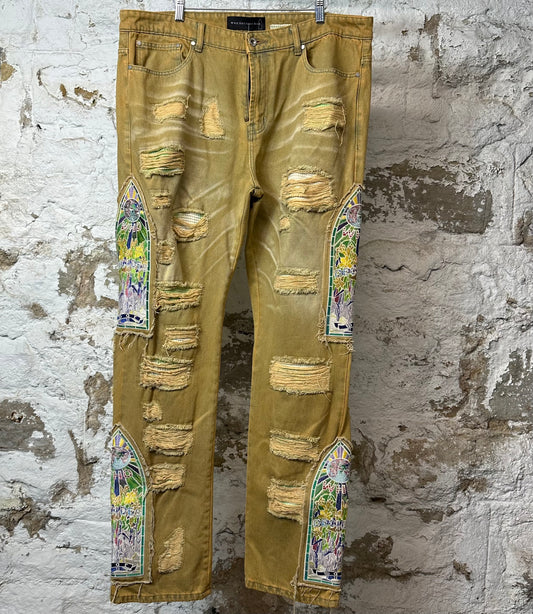 Who Decides War Stained Glass Fusion Tan Denim Jeans Sz 38