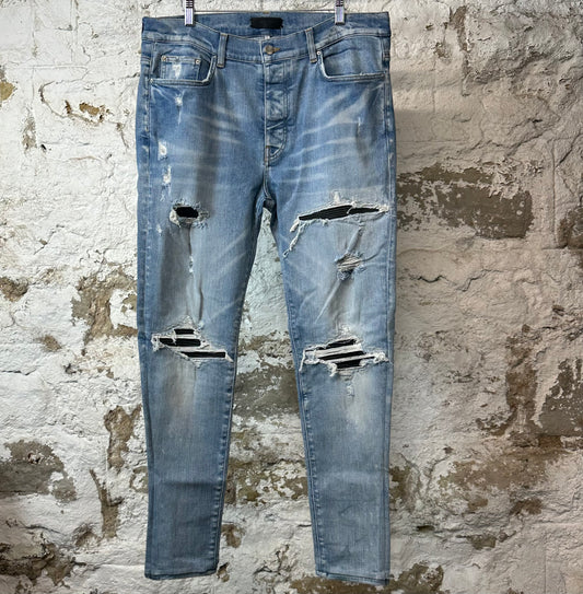 Amiri MX1 Black Leather Blue Denim Jeans Sz 36