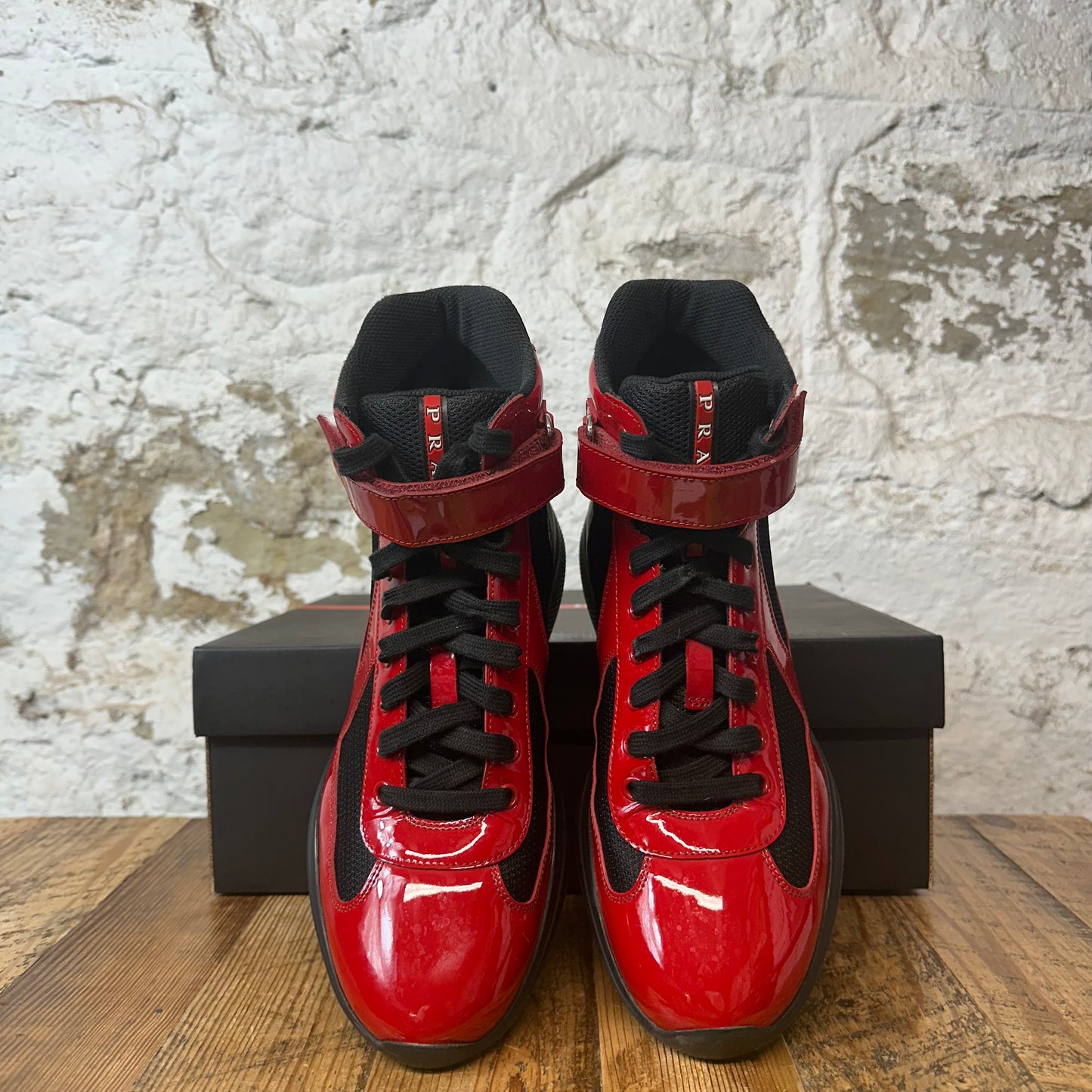 Prada Americas Cup High Red Patent Black Sz 8