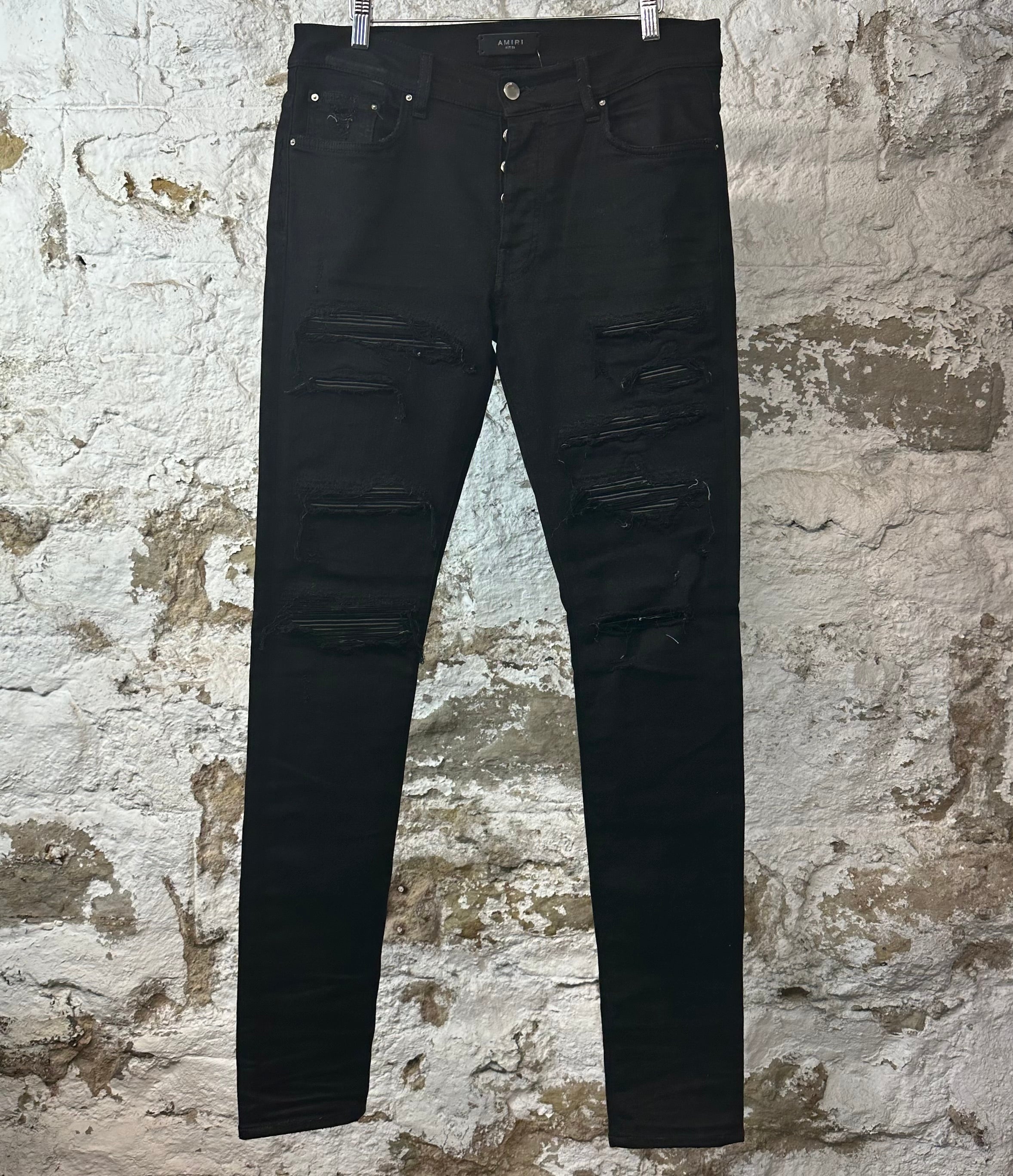 Amiri MX1 Black Leather Black Denim Jeans Sz 33