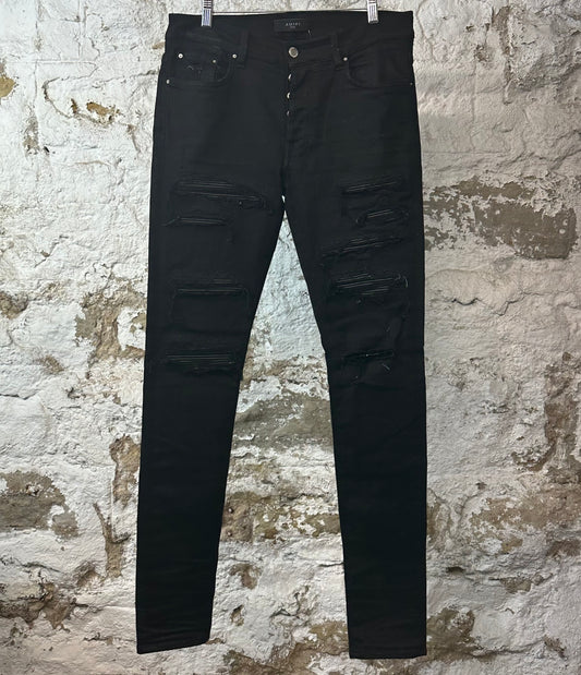 Amiri MX1 Black Leather Black Denim Jeans Sz 33