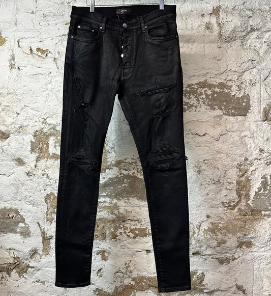 Amiri MX1 Black Leather Black Waxed Denim Jeans Sz 34