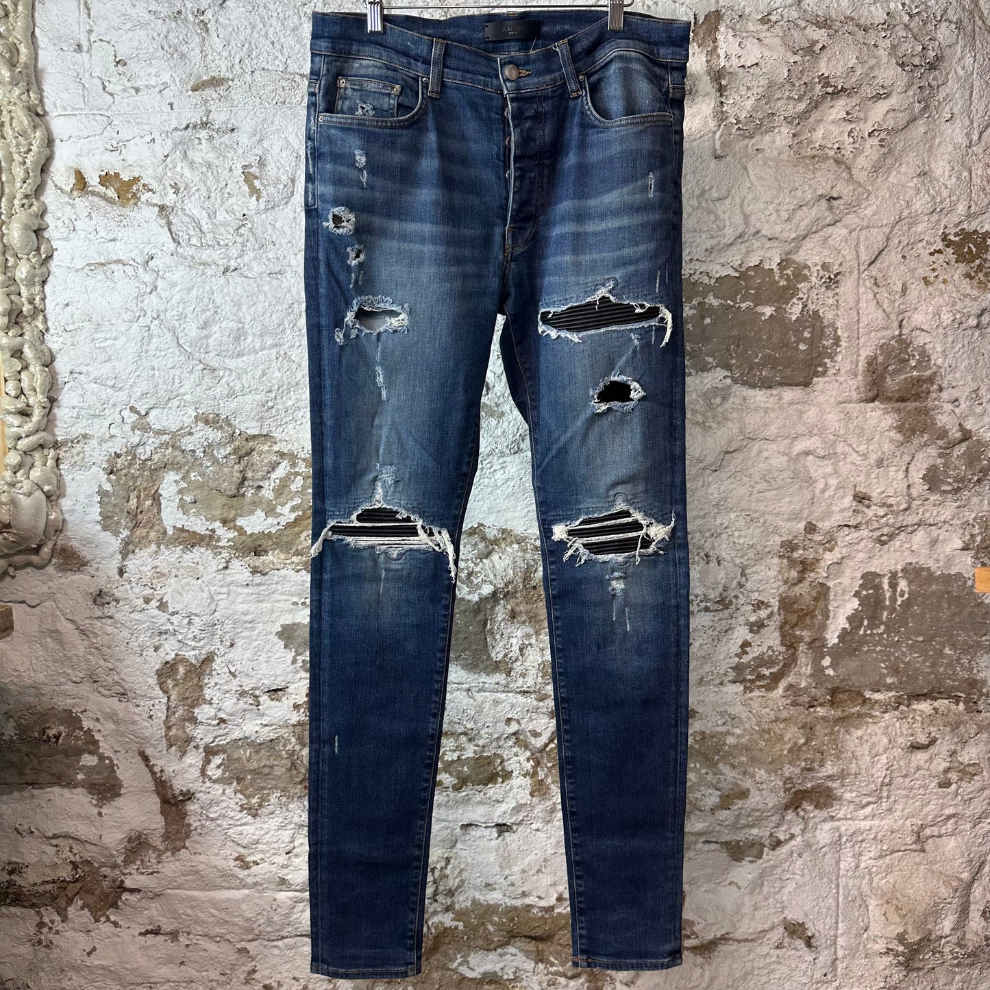 Amiri MX1 Black Leather Dark Blue Denim Jeans Sz 34