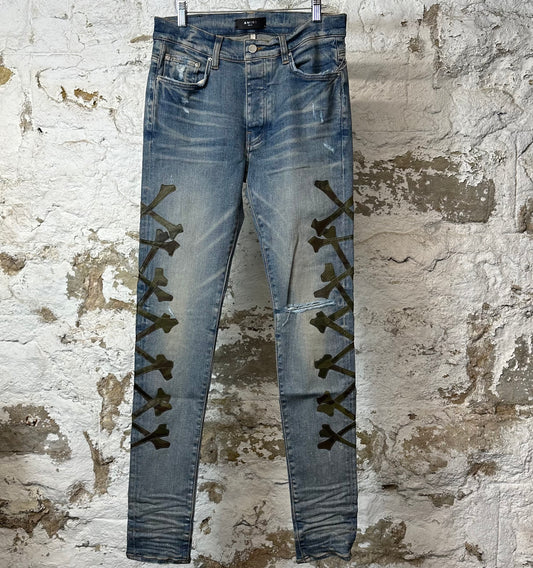Amiri Green Camo Bones Blue Denim Jeans