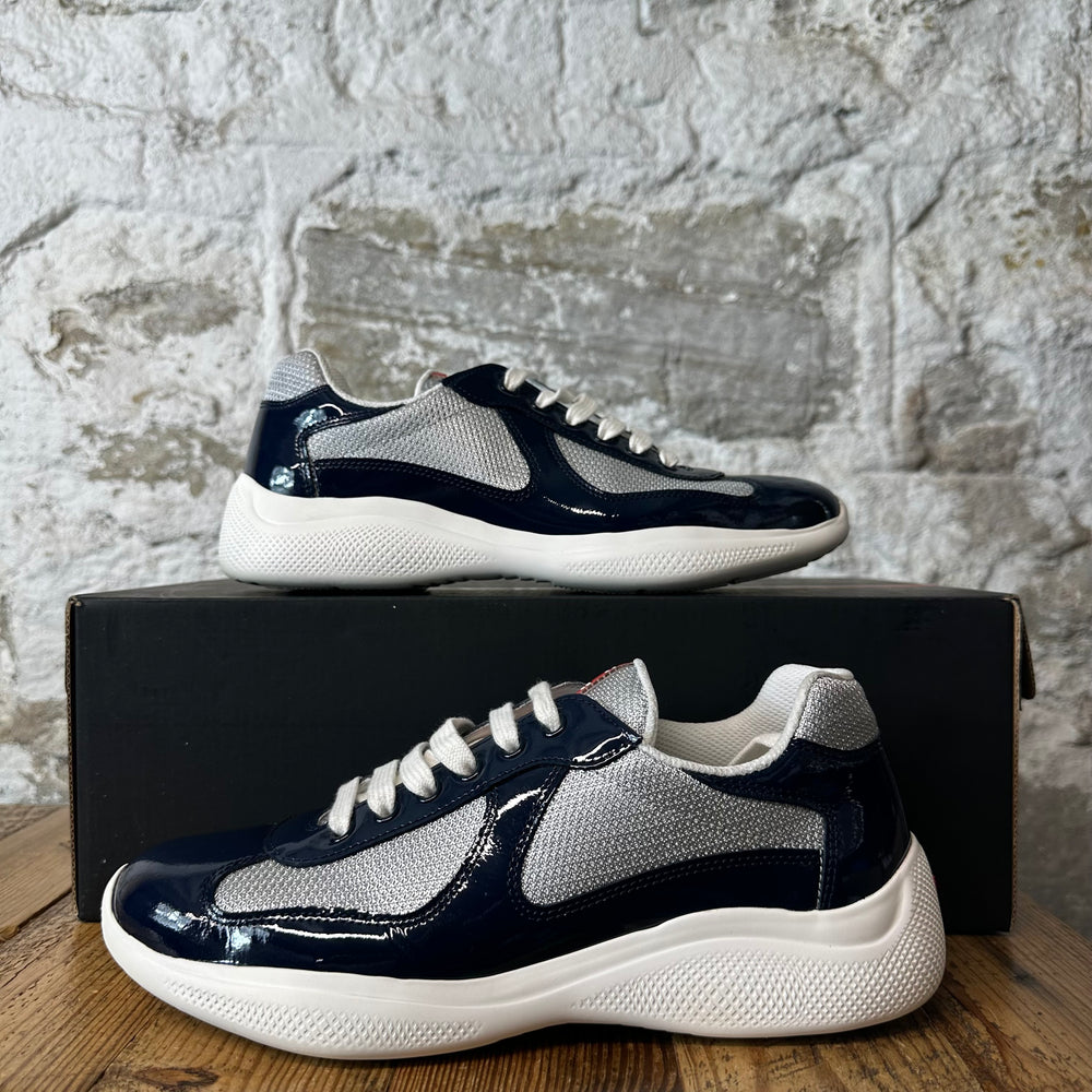 Prada Americas Cup Navy Patent Grey White Sneaker Sz 6