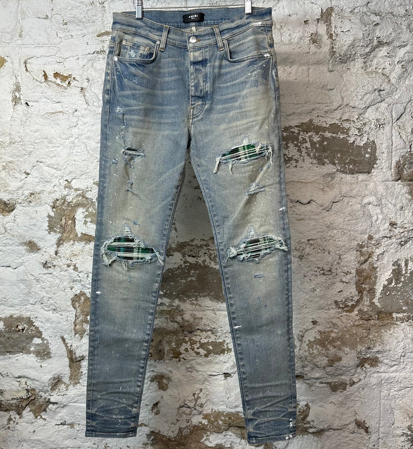 Amiri MX1 Green Plaid Blue Denim Jeans Sz 34