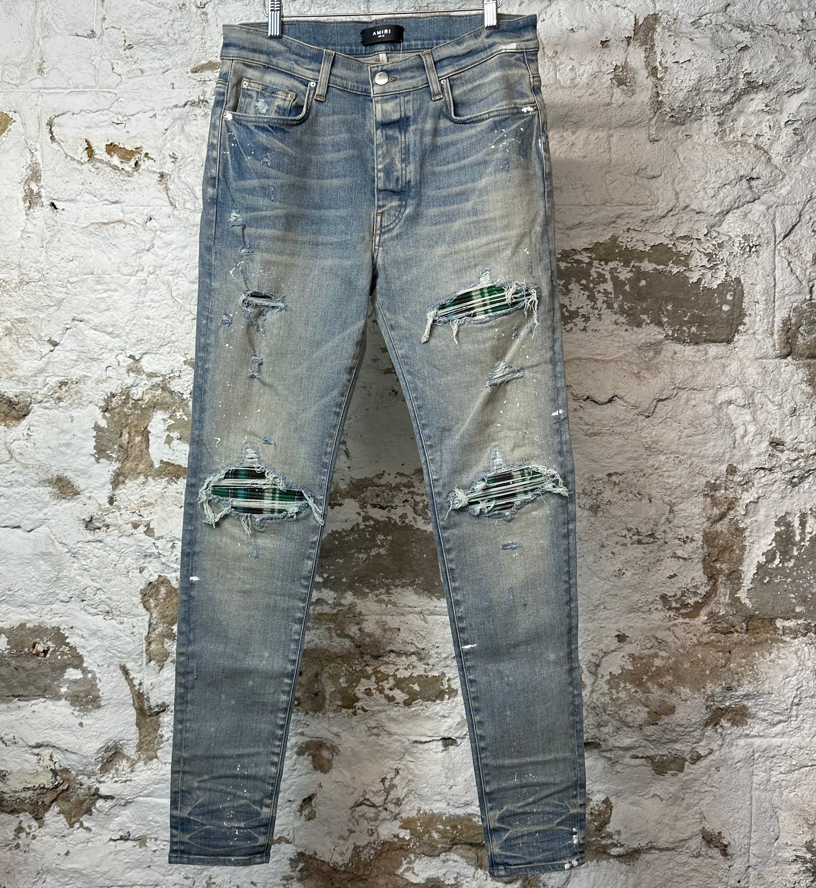 Amiri MX1 Green Plaid Blue Denim Jeans Sz 34