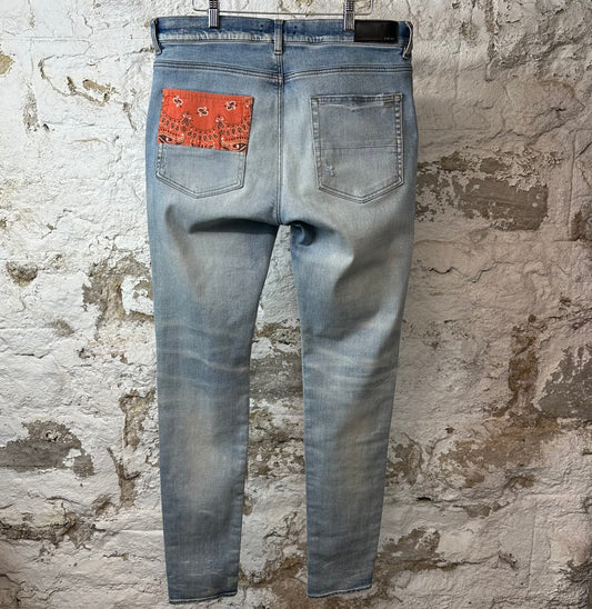 Amiri MX1 Orange Paisley Patches Blue Denim Jeans Sz 36