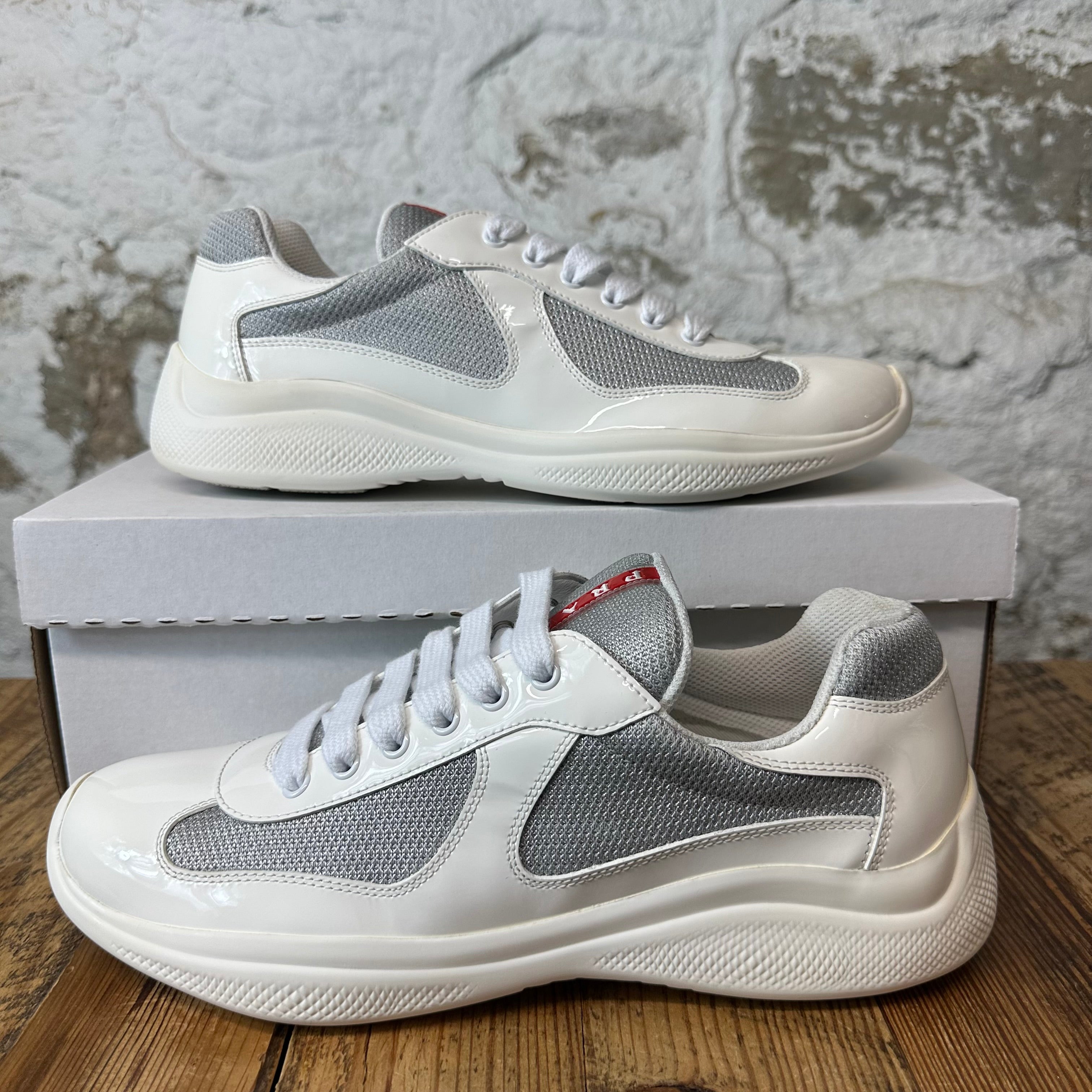 Prada Americas Cup White Patent Grey White Sneaker Sz 8.5