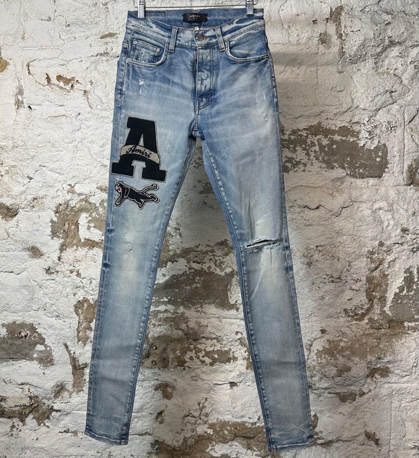 Amiri Black Varsity Patch Blue Denim Jeans Sz 28