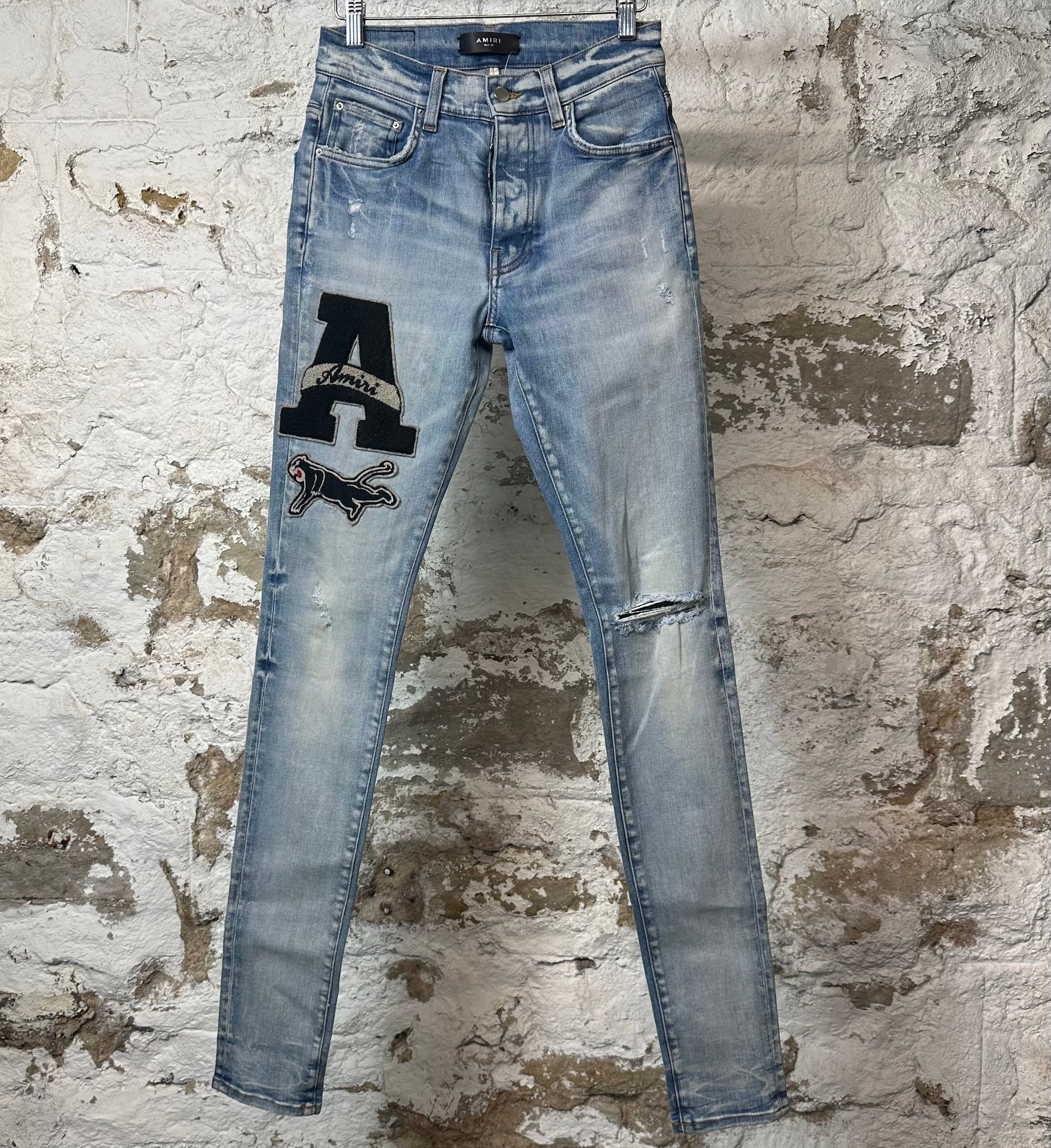 Amiri Black Varsity Patch Blue Denim Jeans Sz 28