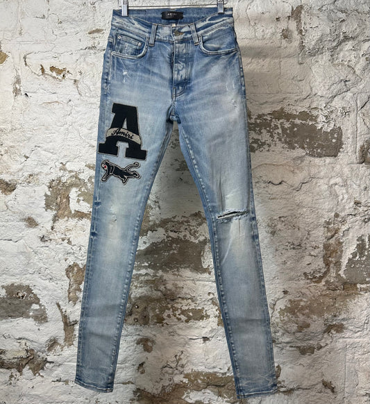 Amiri Black Varsity Patch Blue Denim Jeans Sz 28