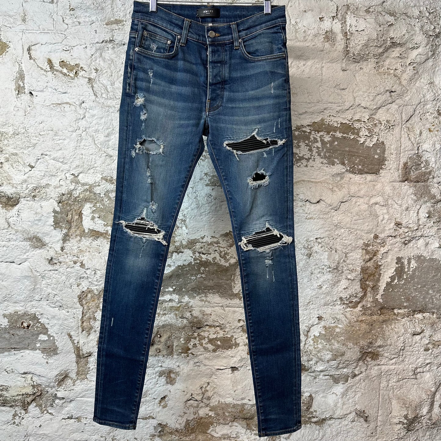 Amiri MX1 Black Leather Dark Blue Denim Jeans Sz 30