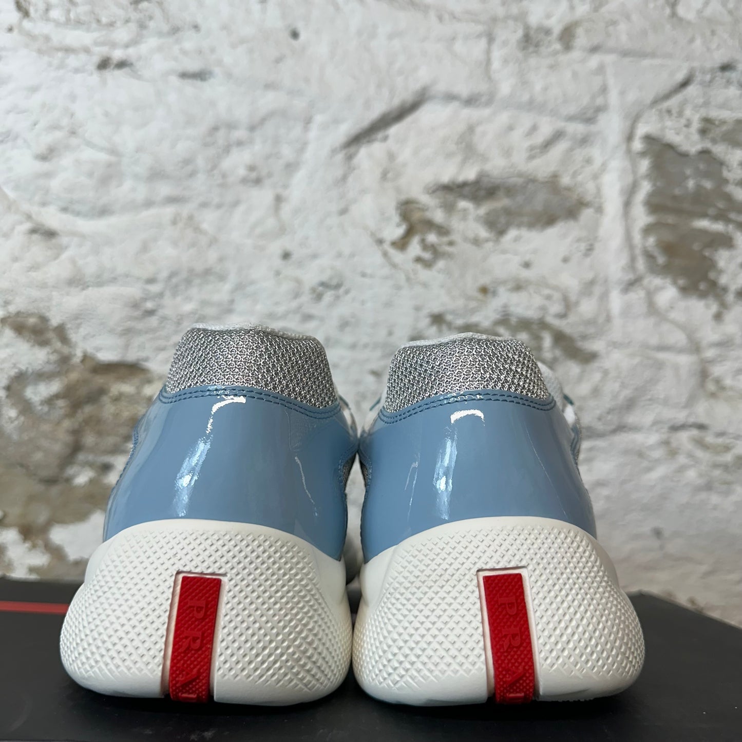 Prada Americas Cup Celeste Argento Patent Sneaker Sz 8 DS