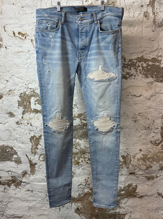 Amiri MX1 Cream Suede Blue Denim Jeans Sz 36
