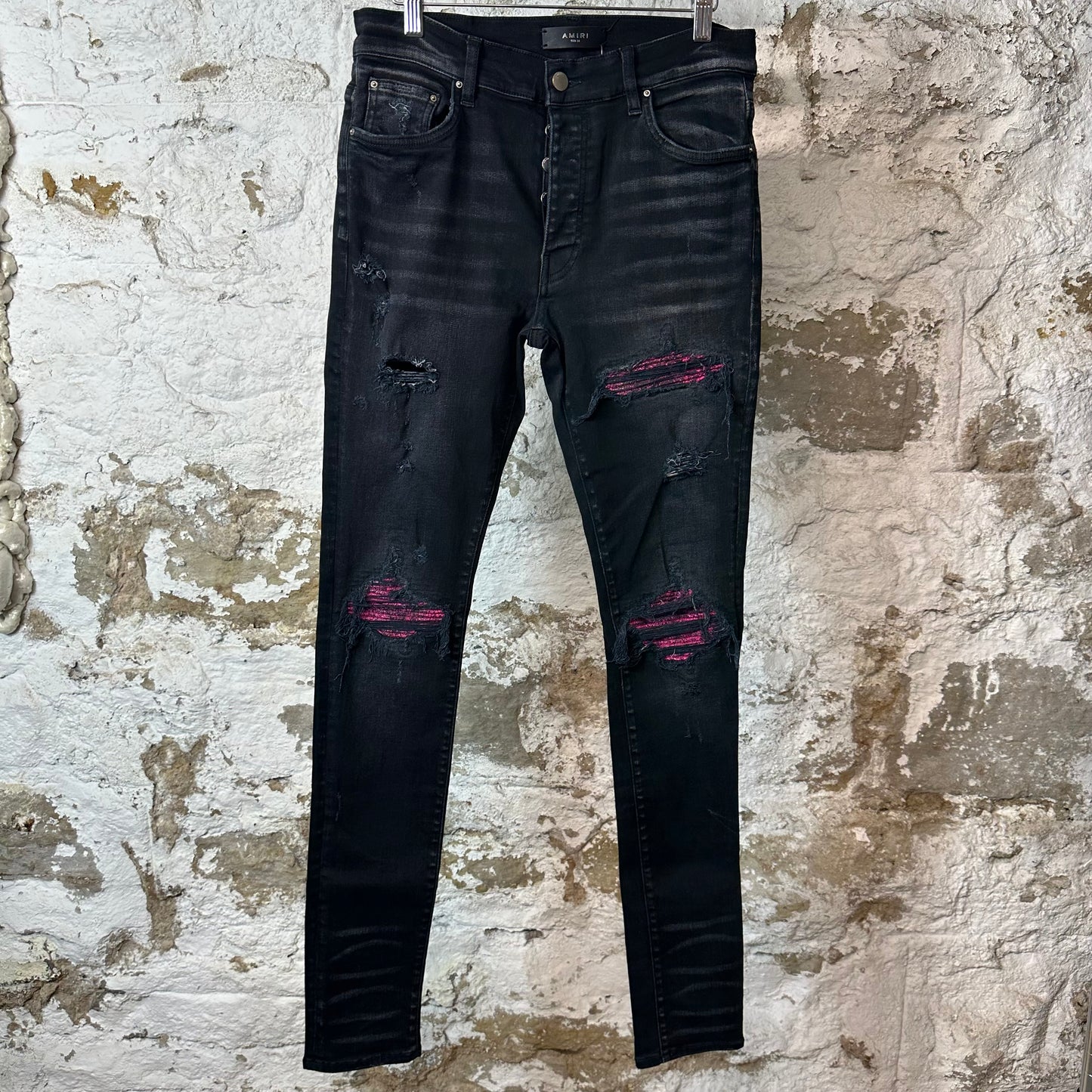 Amiri MX1 Cracked Pink Black Denim Jeans Sz 31