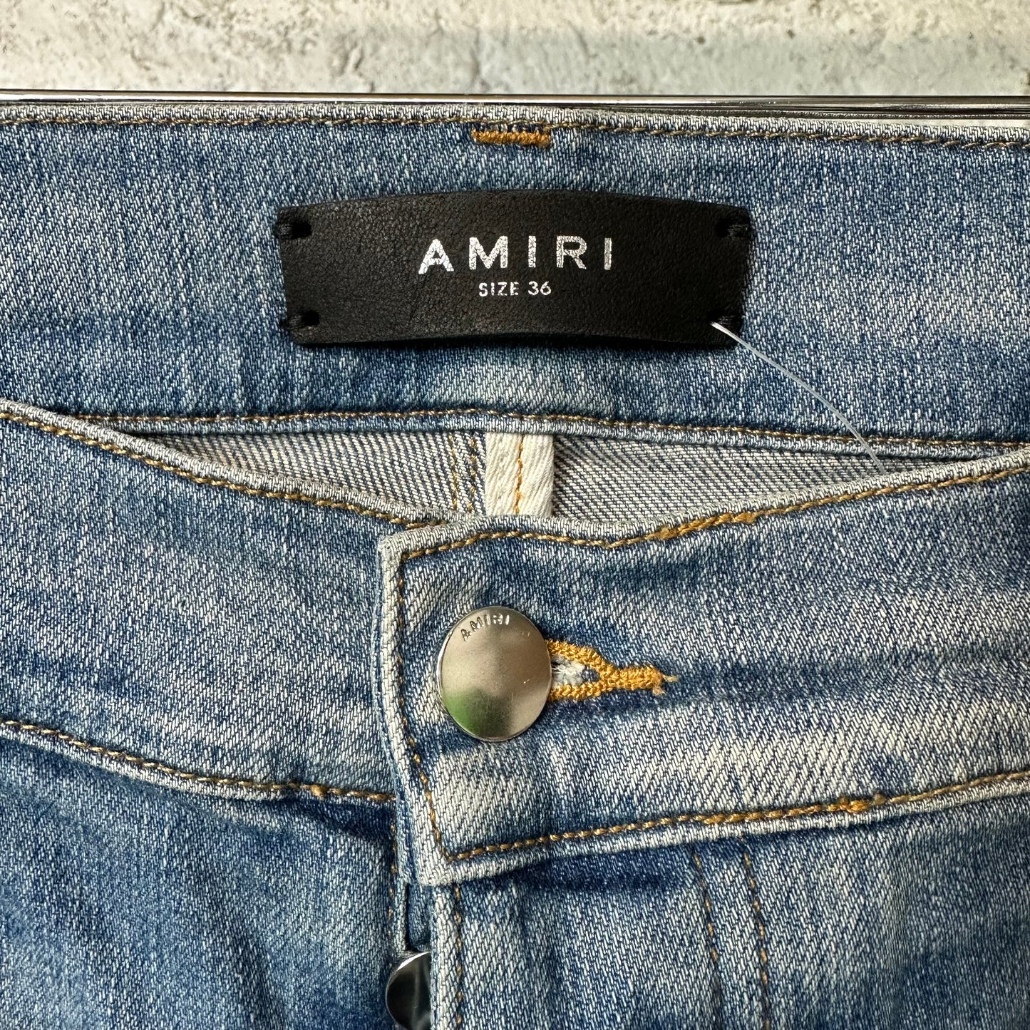 Amiri MX1 Camo Spell Patch Blue Denim Jeans Sz 36