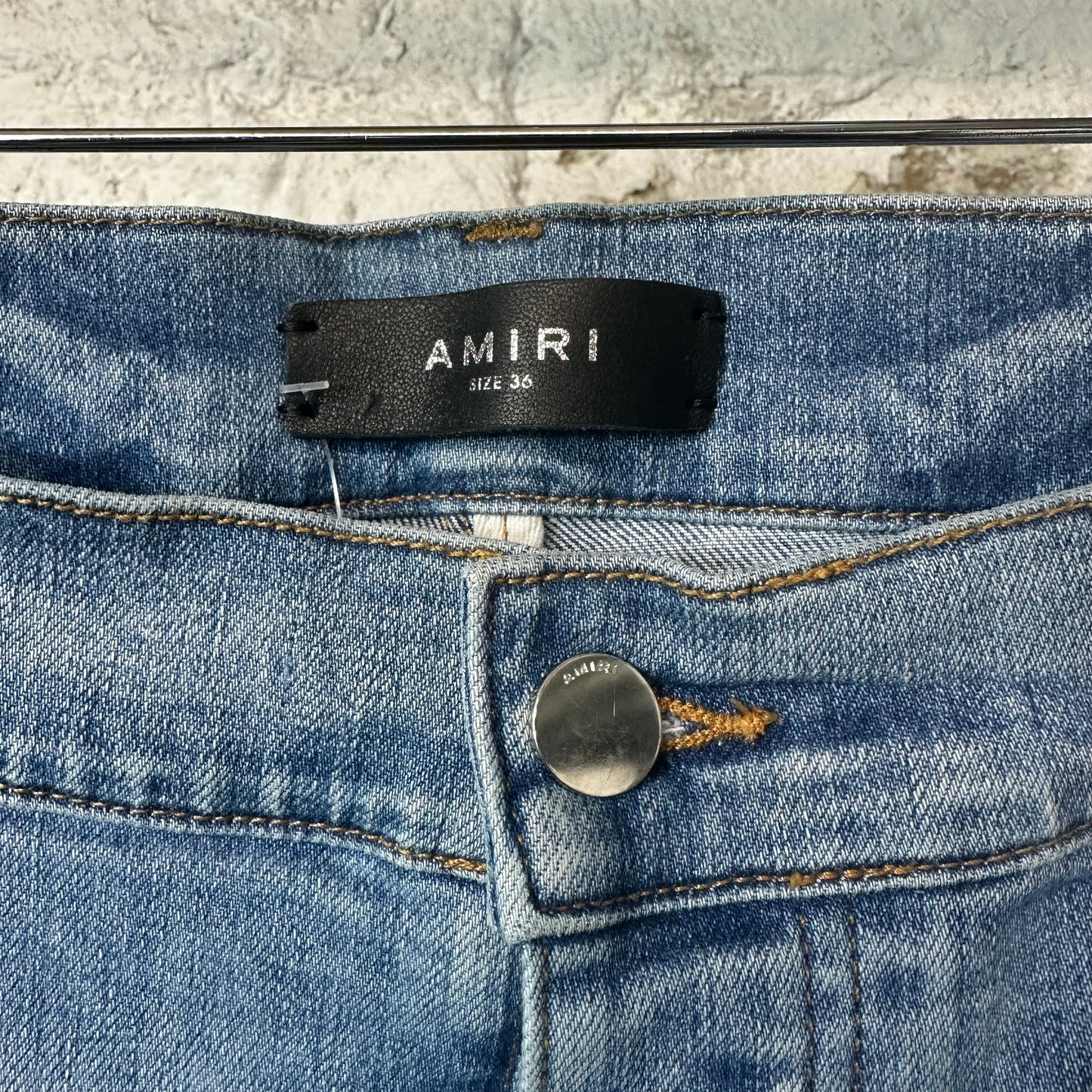 Amiri MX1 Cream Glitter Spell Blue Denim Jeans Sz 36