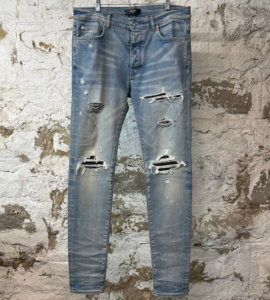 Amiri MX1 Black Leather Blue Denim Jeans Sz 34