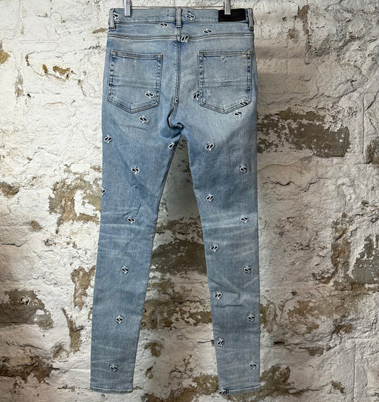Amiri Knee Hole Paisley Logos Blue Denim Jeans Sz 32