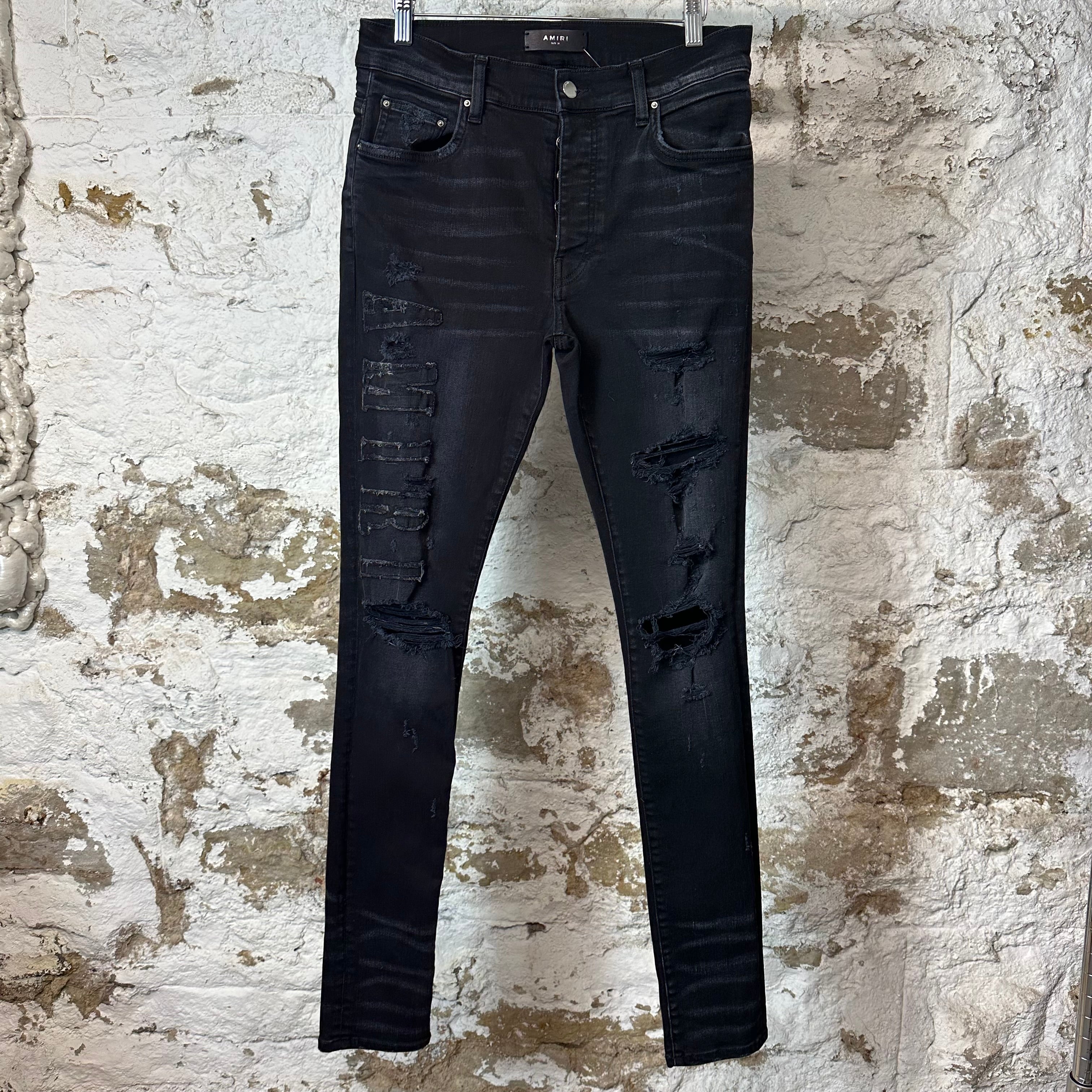 Amiri Distressed Side Spell Black Denim Jeans Sz 31