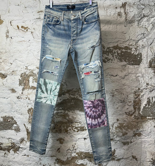 Amiri MX1 Tie Dye Patches Blue Denim Jeans Sz 30