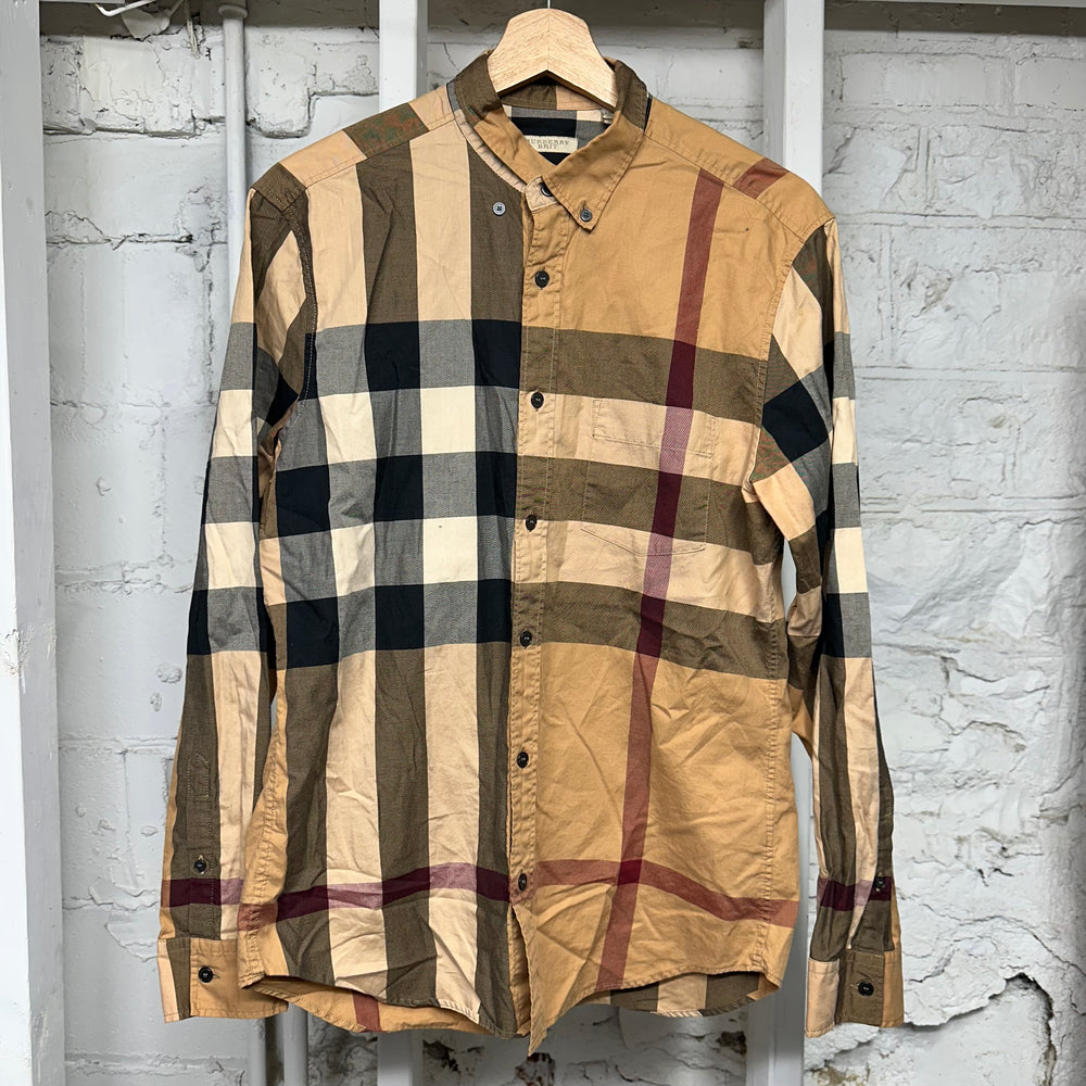 Burberry Tan Plaid Button Up Shirt Sz M