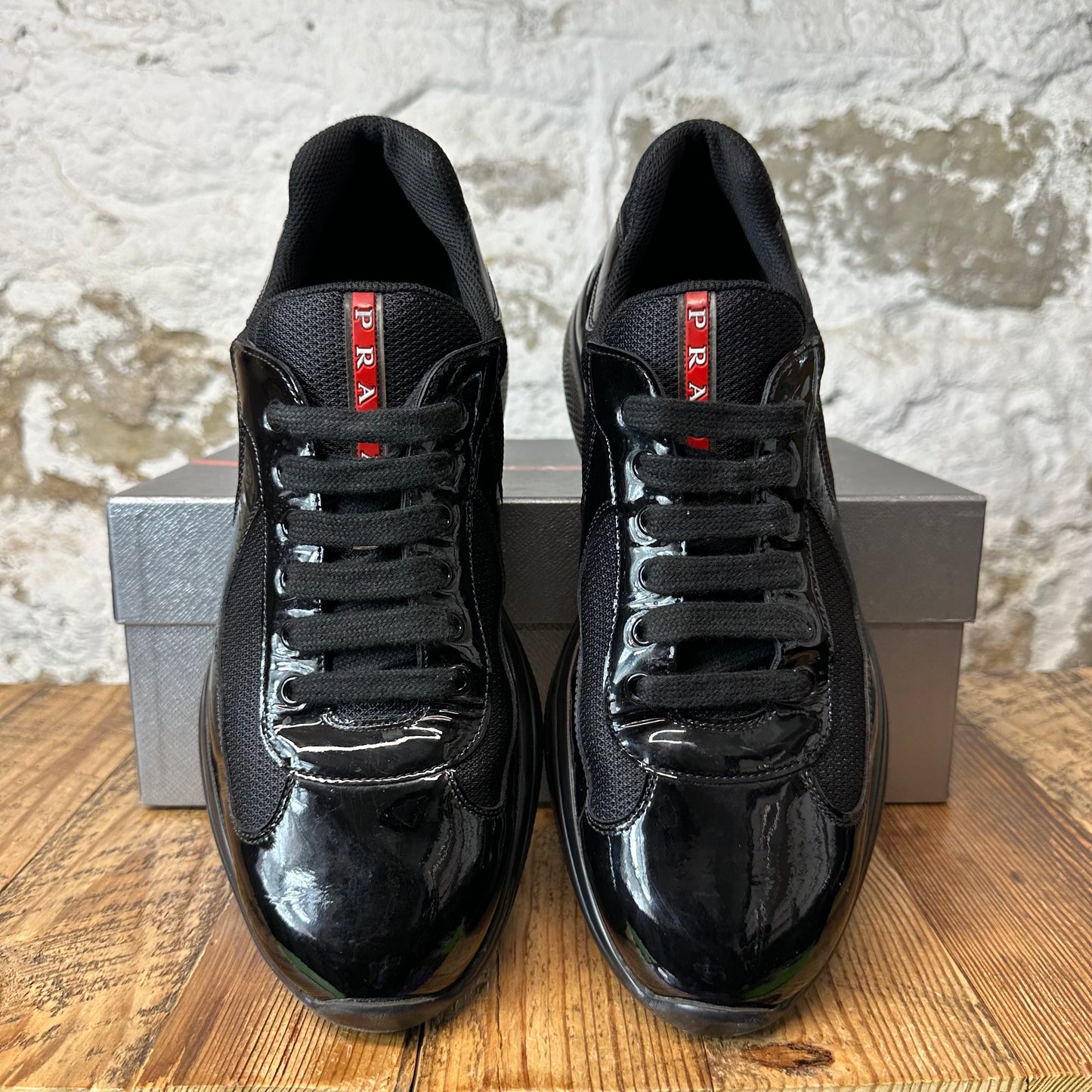 Prada Americas Cup Triple Black Patent Sneaker Sz 9