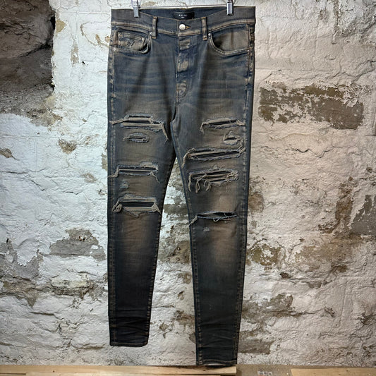 Amiri MX1 Black Leather Thrasher Dirty Blue Denim Jeans Sz 34
